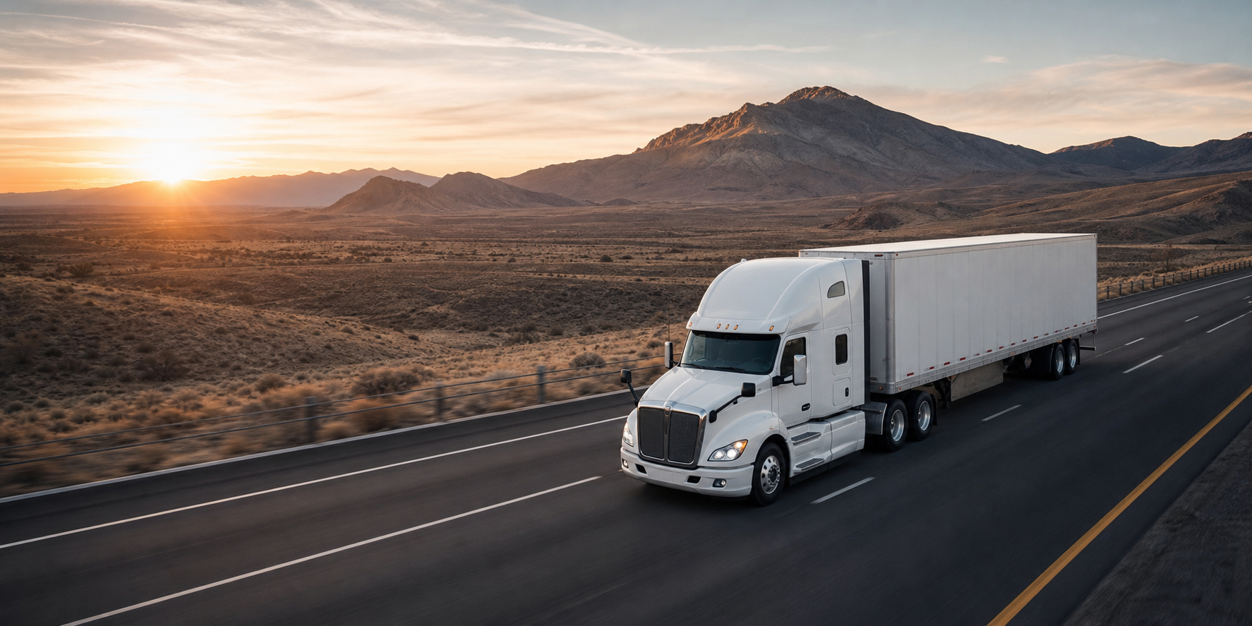 Modern semi-truck transporting freight on a U.S. highway at sunrise
